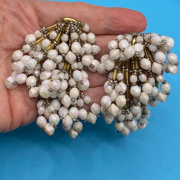 Vintage Cha Cha Seed Bead Earrings Long Two Pairs Cluster 1980's Clip Ons - Picture 6 of 9
